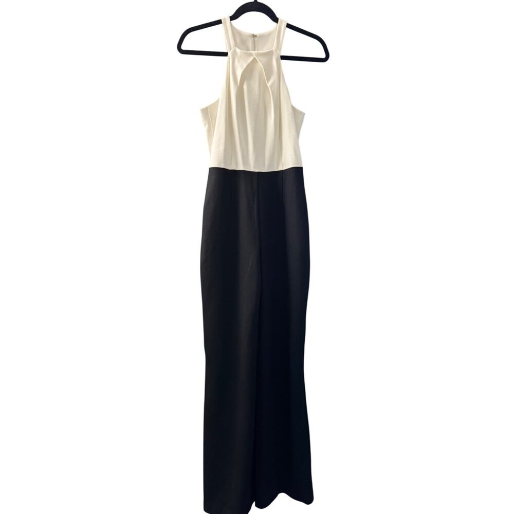 Trina Turk Black & White Halter Jumpsuit With Pleated Bodice & Wide-Leg Pants